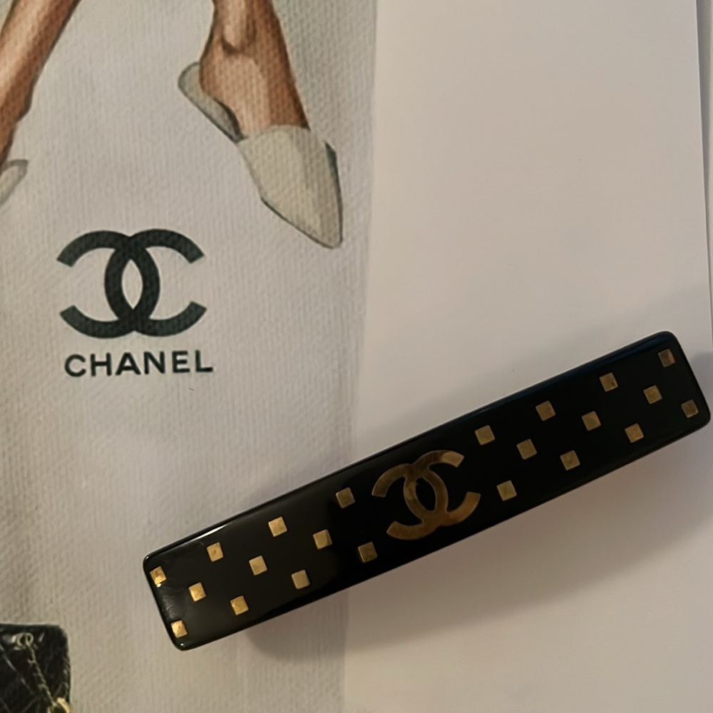 Chanel Black Hair Clip with Gold Chanel Logo and gold Accents - Picture 3 of 9